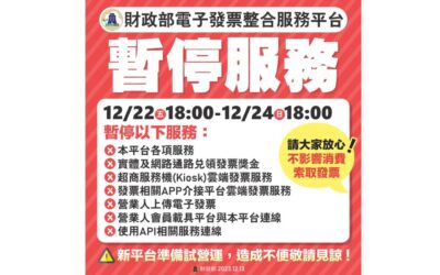 財政部電子發票整合服務平台將於12月22日18時至24日18時暫停服務